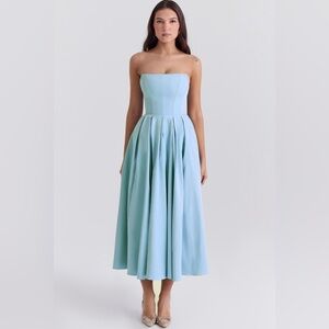 House of CB Blue Strapless Corset Midi Dress A-Line Wedding Guest Formal Size S
